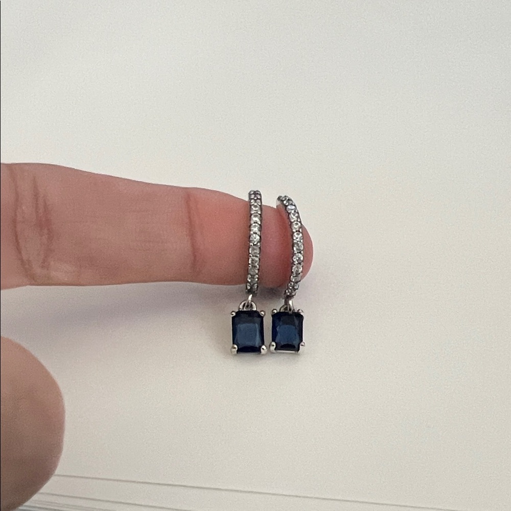Blue Rectangular Sparkling Hoop Earrings